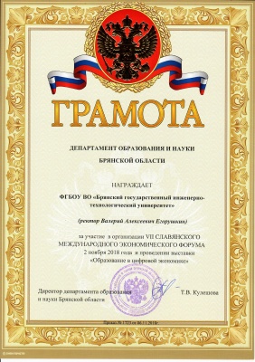 Награда за участие в организации и проведении Славянского международного экономического форума